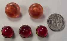 5 antique vintage old plastic bead buttons eye back and + set in  metal prongs