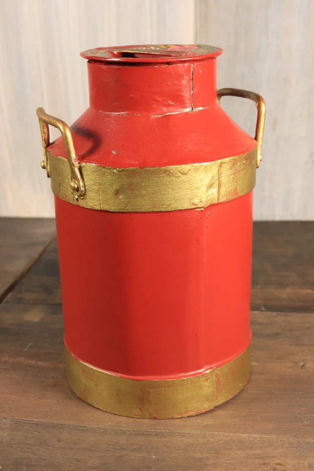 Ancien Boîte à Thé en Forme de Petit Pot Bidon à Lait Peint Main Tôle Fleurs - Photo 4/4