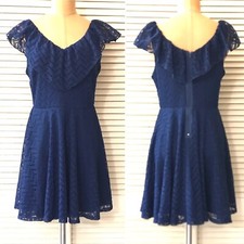 Sequin Hearts Womens Dress size 9 Dark Blue Lace Party Fit Flare V-neck Ruffle