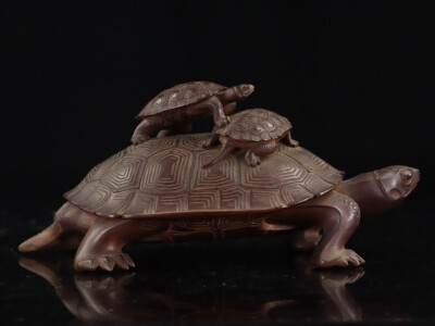 Japanese Famous Sculptor Yamazaki Choun Turtles Wooden Sculpture