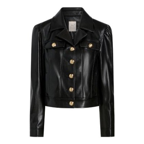 Cinq à Sept Khloe Faux Leather Jacket Black Gold Crest Button coat Sz M NWT