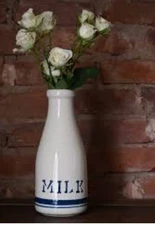 Roseville Ohio Stoneware Pottery 9.5" Cream Double Stripe Blue Milk Logo Jug 
