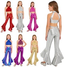 Kids Girls Costume Jazz Dancewear Crop Top Outfits Disco Set Shiny Dance Latin