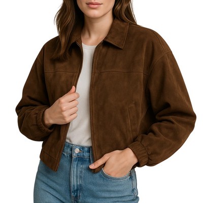 Brown Suede Leather Jacket Women s Real Lambskin Casual Retro Style Bomber Coat