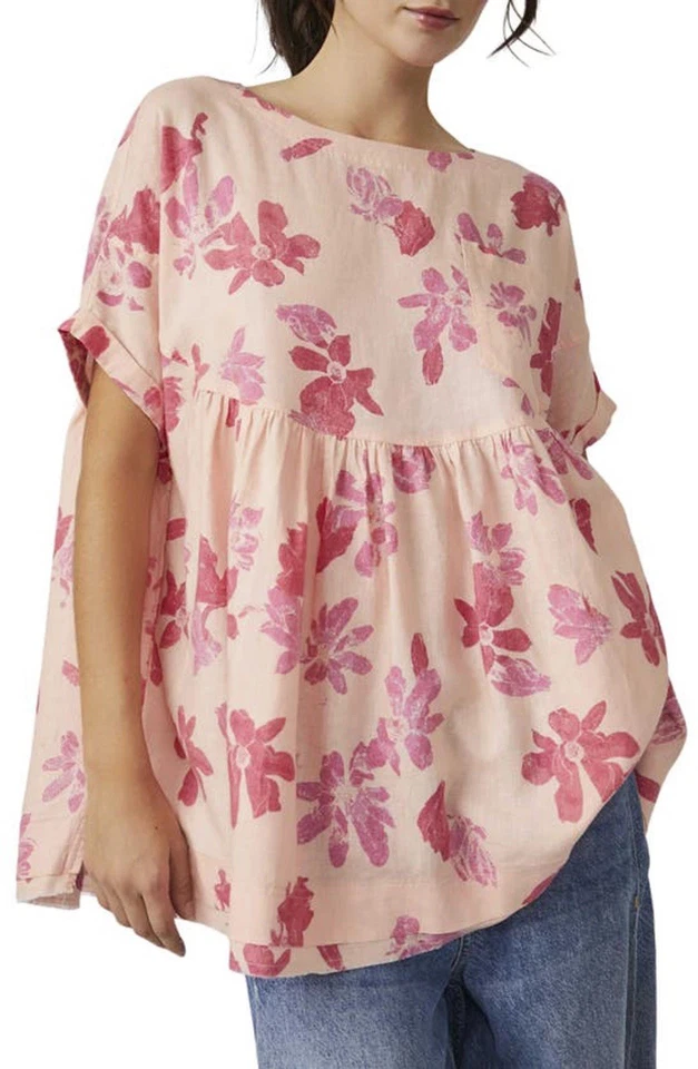 Top de lino floral We The Free Moon City rosa melocotón con volantes dobladillo boho S de gran tamaño Foto 2 de 4