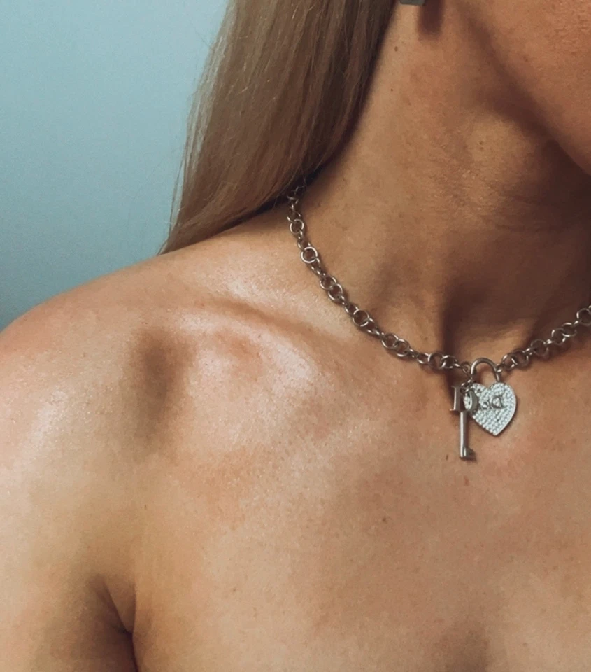 Collar Gargantilla Dior Plata Corazón Llave Logo Cristal Diamante Grueso De Colección Y2K Foto 3 de 4