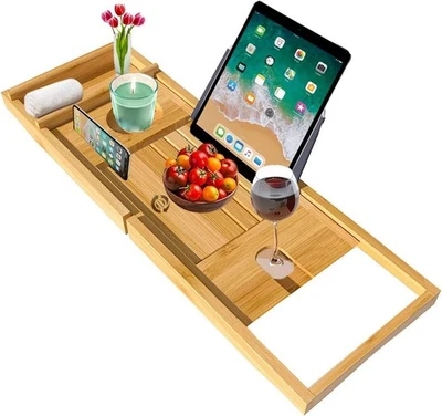 MANTRARAJ Bamboo Extendable Bathtub Caddy Tray Bath Tub Table Storage Rack Shelf Holder