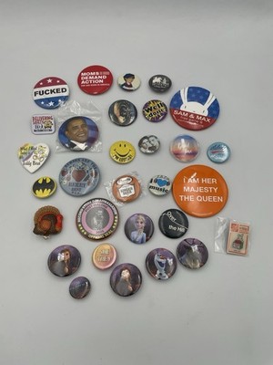 Vintage Mixed Lot 30pc Button Pins- Frozen, Obama, Batman, Pink Floyd Music T4