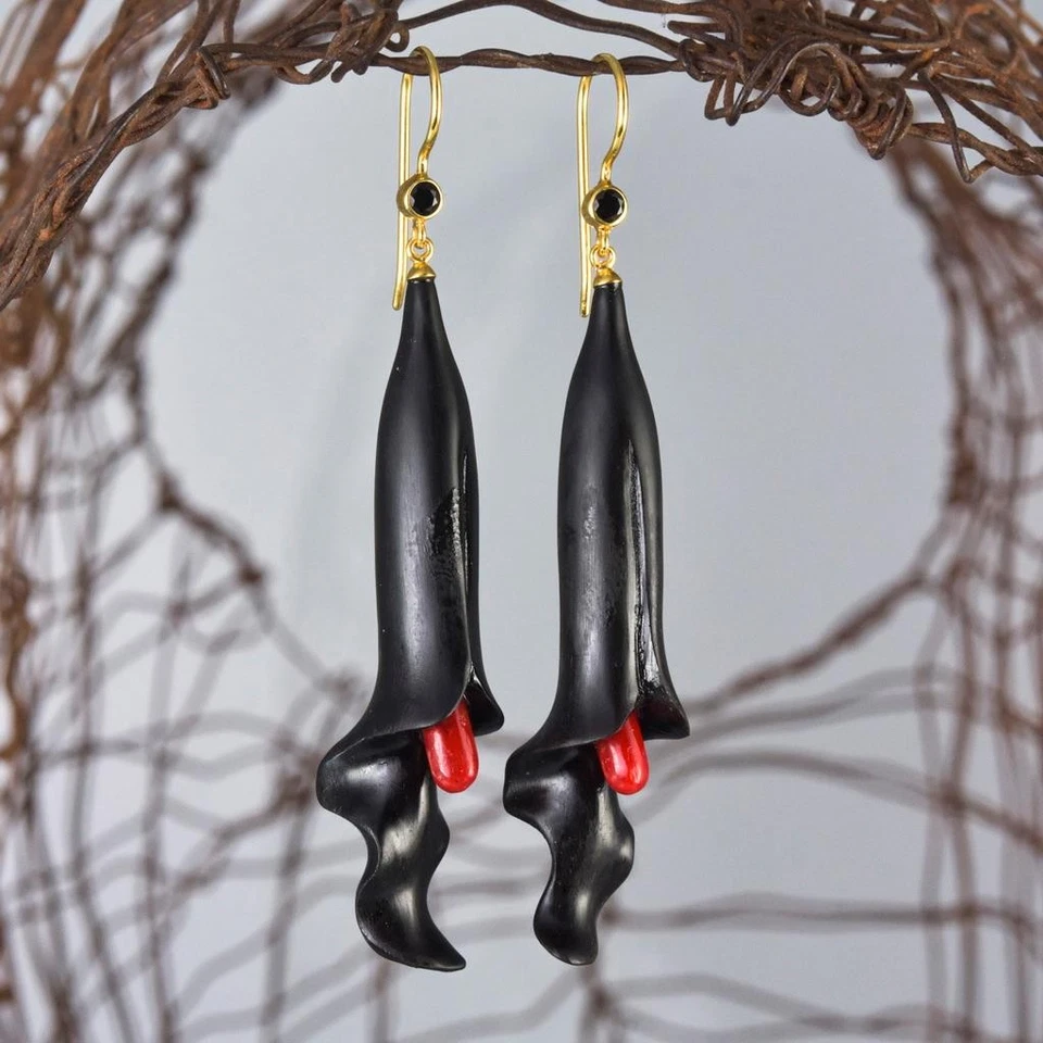 Carved Black Horn Flower Earrings Red Coral Spinel Gold Vermeil Sterling 7.65g - Image 4 of 4