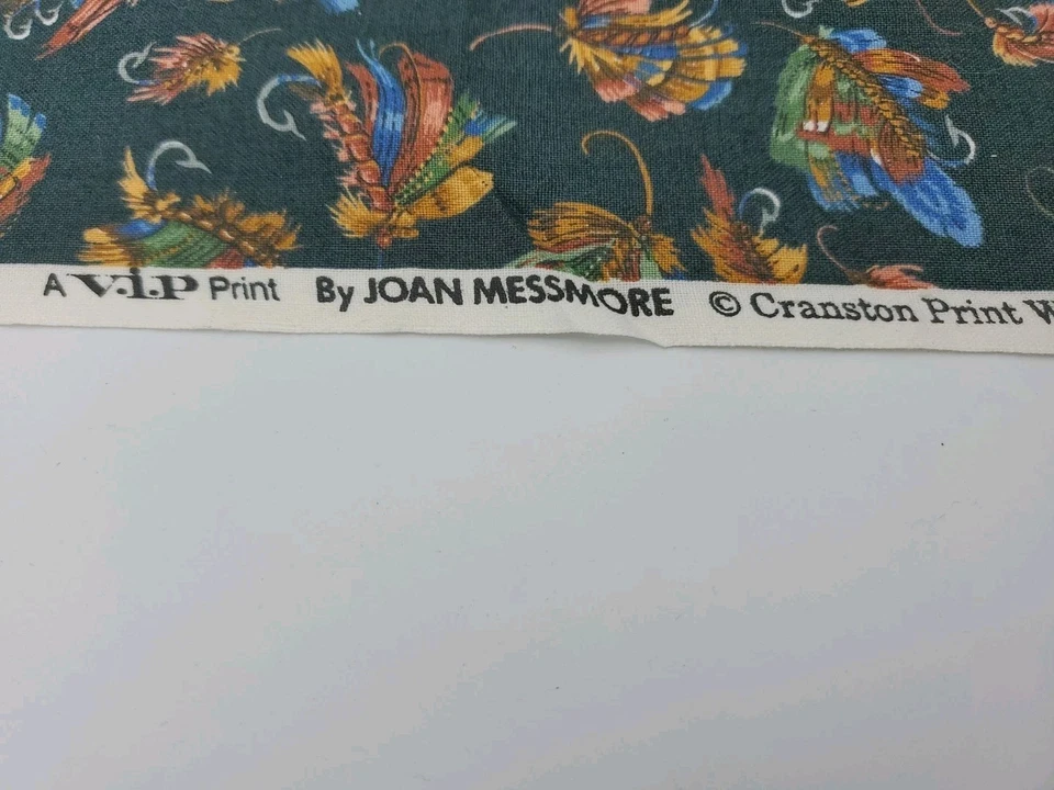 cotton fabric remnant blue brown tan green on dark green 12x44 Messmore Cranston - Image 4 of 4