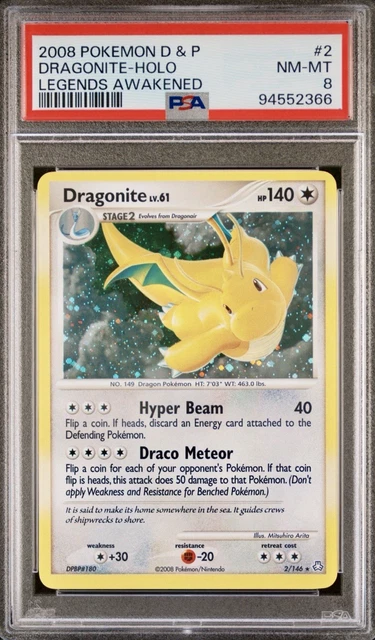 2008 POKEMON DIAMOND & PEARL LEGENDS AWAKENED #2 DRAGONITE HOLO PSA 8 NM-MT
