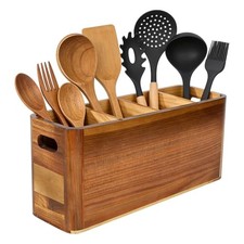 Large 4-Compartment Acacia Wooden Utensil Holder, Rustic Kitchen Counter