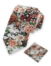 Floral Tie Sets for Men Cotton Flower Necktie with Pocket Square Brown Floral