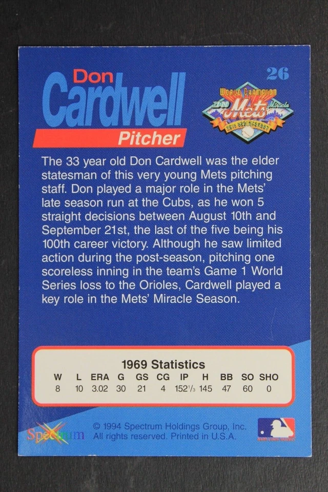 Don Cardwell (d.2008) NYMets 1994 Spectrum The Miracle of '69 #26 Autograph Card - Image 2 of 3