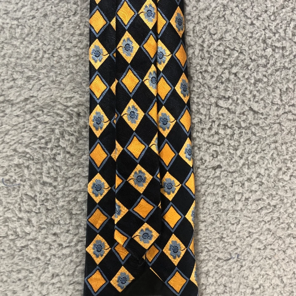 Corbata IKE BEHAR 59" seda azul y oro patrón diamante con flores Foto 4 de 4