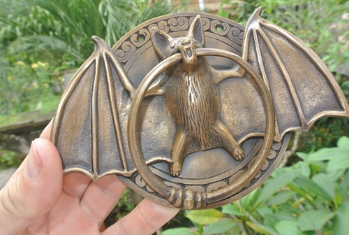 heavy Door Knocker BAT ring old heavy SOLID cast BRASS vintage antique style 7" - Picture 6 of 11