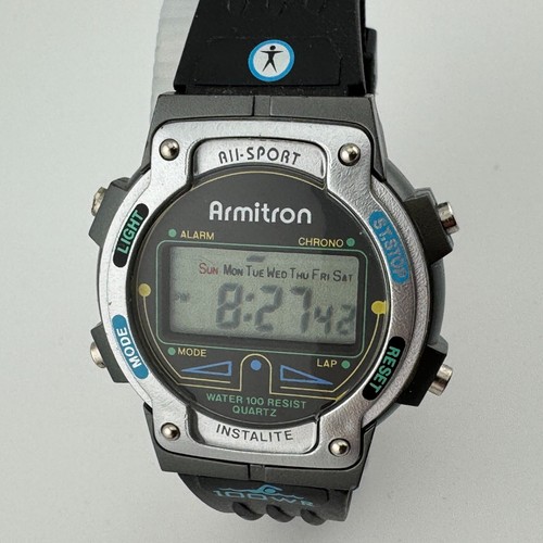Vintage Armitron Digital Quartz Watch 40/6591H Men 30m Black Silver New Battery - Picture 2 of 6