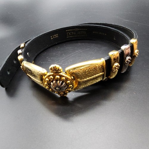 Vtg DONCASTER Black Suede Belt w Gold & Silver Metal Details Sz L w Rear Closure
