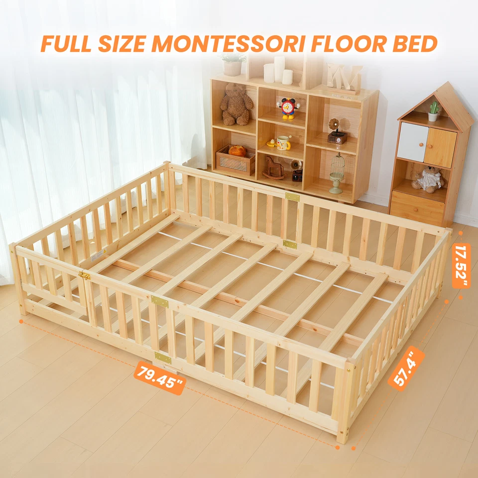 Marco de cama Montessori NAIZEA cama de piso para niños pequeños cama de tamaño completo con listones y cerca Foto 2 de 4