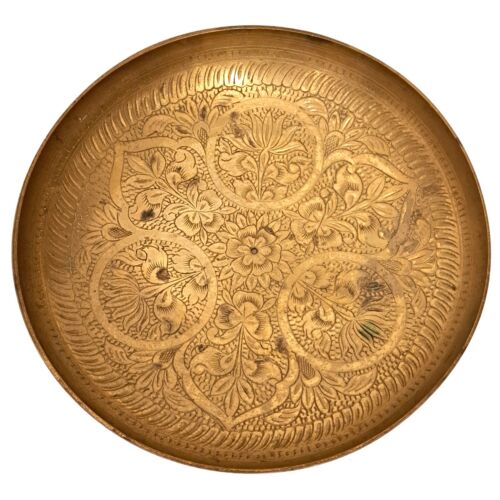 Vintage Engraved Etched Brass Pedestal Bowl Floral Pattern Made in India