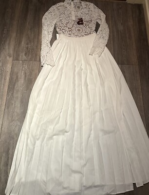 Self Portrait Guipure Lace Pleated White Maxi Dress Size UK 6