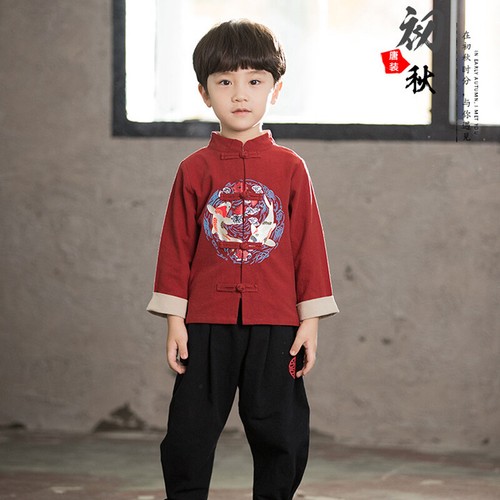 2pcs Kids Boy Outfit Top and Pants Fish Pattern Frog Button Chinese Ethnic Retro - Picture 3 of 15
