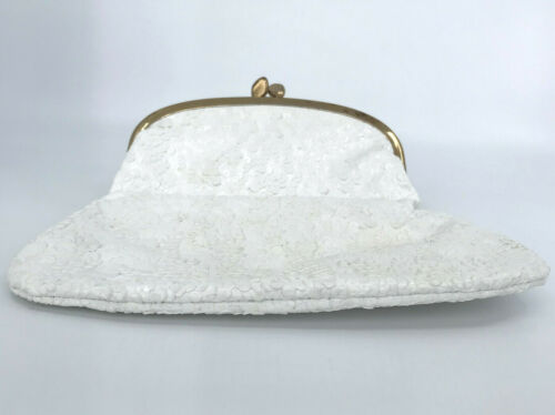 Fold Over Clutch 1970s Purse White Vinyl Sequins Grosgrain Lining Handbag Vtg - Picture 8 of 12
