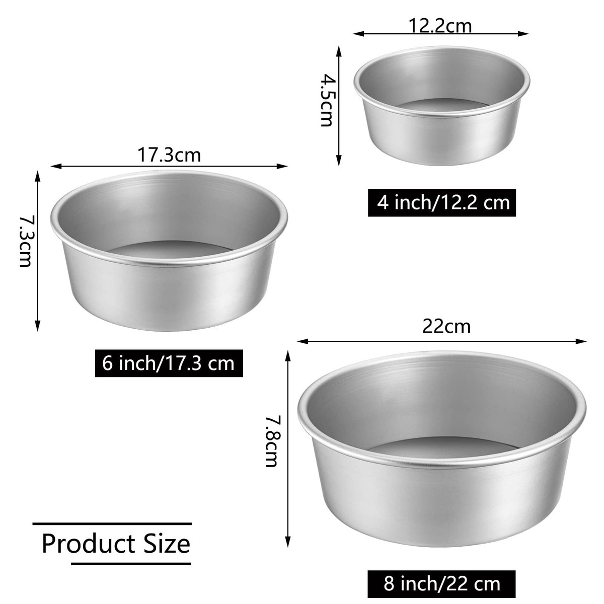 3-PCS Round Aluminum Cake Pan Set 8-inch Pans with Removable