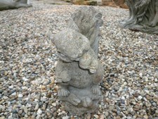 HAPPY OLD VINTAGE CEMENT/CONCRETE GARDEN SQUIRREL EATING NUTS 10" TALL