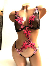 Victoria's Secret Lingerie Teddy One Piece Bodysuit Black Pink Applique Floral