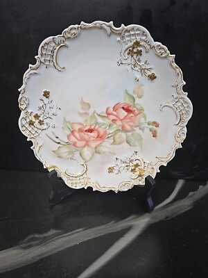 Vintage  Signed Pink Roses Leaves plate beautiful white  Leonard Vienne Austria