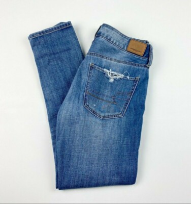 American Eagle Women's Jeans Sz 2 Tomgirl Distressed Mid Rise Blue Stretch Denim