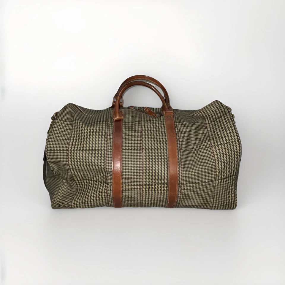 Polo Ralph Lauren Houndstooth Duffel Weekender Travel Bag Vintage Leather/Canvas - Image 3 of 4