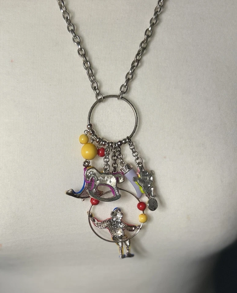 Vintage Circus Theme Charm Necklace Clown Seal Horse Enamel Statement - Image 4 of 4