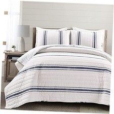 Farmhouse Stripe Reversible Cotton Quilt Size 3 Piece Set - King Navy