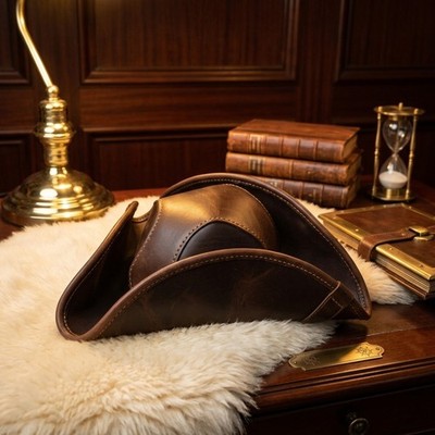 ADULT BROWN FAUX LEATHER COLONIAL PIRATE TRICORNE TRI-CORNER TRICORN CUSTOME HAT