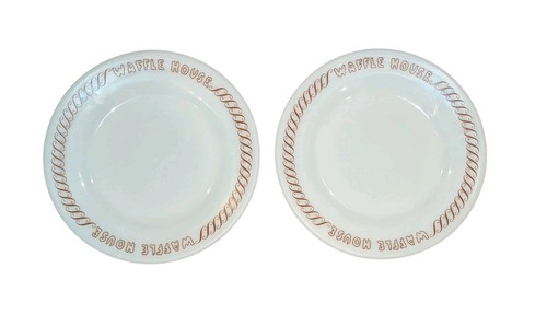 Waffle House Pyrex Side Plates White Milk Glass Brown Regency Scroll Rim Set 2