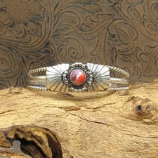 Sun Ray Shield Decorated Sterling Silver Bronze Infused Stone Cuff Bracelet