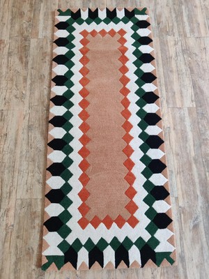 Geometric Handmade Wool Carpet, Beige Black Green Area Rug, Modern Tufted Wool