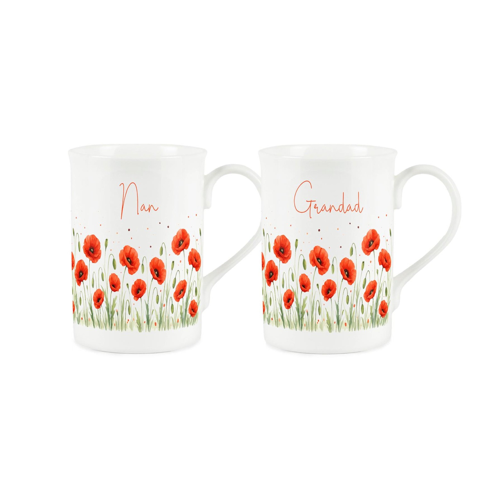 Summer Poppies Nan & Grandad Mugs Set - Red Floral Bone China Cups Set