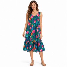 Hawaii Designs Floral Hibiscus Tropical Ruffle Hem Midi Dress Blue Size M VTG