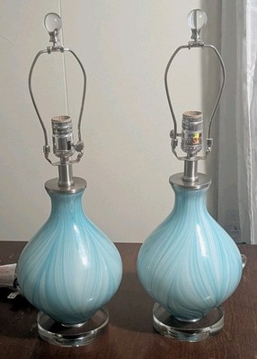 360 Lighting Cirrus Blue Swirl Art Glass Vase Table Lamps Set of 2 Coastal 22''