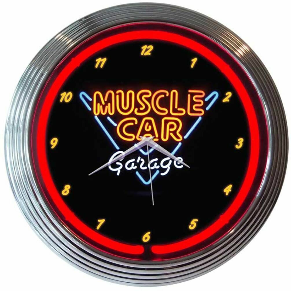 Muscle Car Garage Logo Red Neon Hanging Black Wall Clock 15" Diameter 8MSCLE