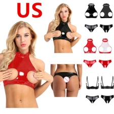 Woman Crop Top Bra Wet Look PU Leather Hollow Out Cheeky Panties Lingerie Set