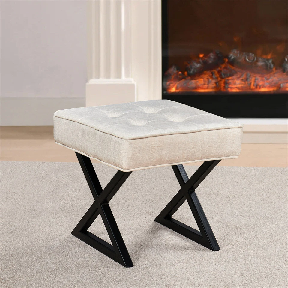 Taburete otomano tapizado de terciopelo para pies asiento de tocador con moderno metal X-Pag 17"" H Foto 3 de 4