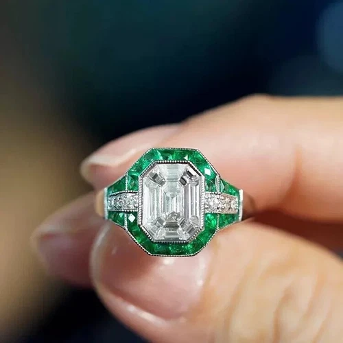 Art Deco Vintage 3Ct Lab Created Diamond & Emerald 925 Silver Anniversary Ring