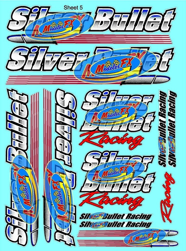 WHITE VINYL RACING Sticker SHEET 5-BULLET-R/C MODEL Die-cut-Decals 1/8-1/10th