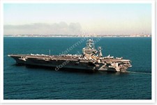 8 x 12 Photo Aircraft Carrier With Smoldering World Trade Center in Background