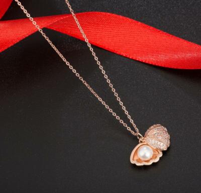 Titanium Seashell Pearl Pave CZ Rose Gold Shell Pendant Chain