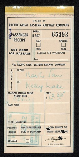 Pacific Great Eastern Railway 1962 Railroad Ticket Receipt Bloomquist*